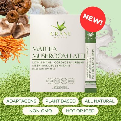Crane Wellness Matcha Mushroom Latte Mix with Adaptogens, 30 Sachets, Oat Milk, Plant Based for Focus and Clarity