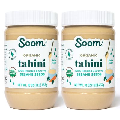Soom Foods Organic Tahini 16oz (2 Pack) Roasted Ground Sesame Seed Paste Creamy Texture for Hummus, Sauces, Dips, Salad Dressings Vegan, Nut-Free, Gluten-Free, Kosher, Keto, Paleo, Whole30