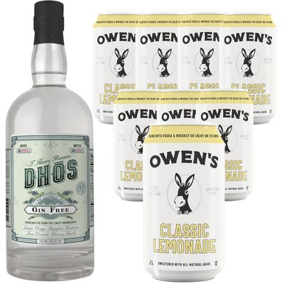 Dh s Handcrafted Non-Alcoholic Gin 750 ML Bottles w Pack Owen s Mixers Lemonade 8.2 OZ Cans - Perfect for Mocktails - Made in USA