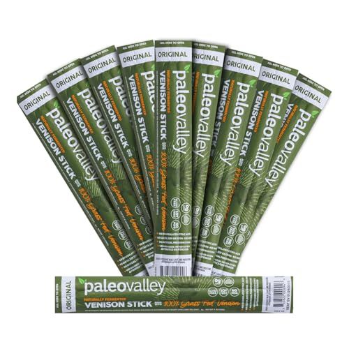 Paleovalley 100 Grass Fed Venison Sticks - 10 Pack - Keto-Friendly, High Protein, Low-Calorie Snack - Omega-3 Rich, Gluten-Free, Nitrate-Free, Naturally Flavored - Healthy On-the-Go Meat Snack