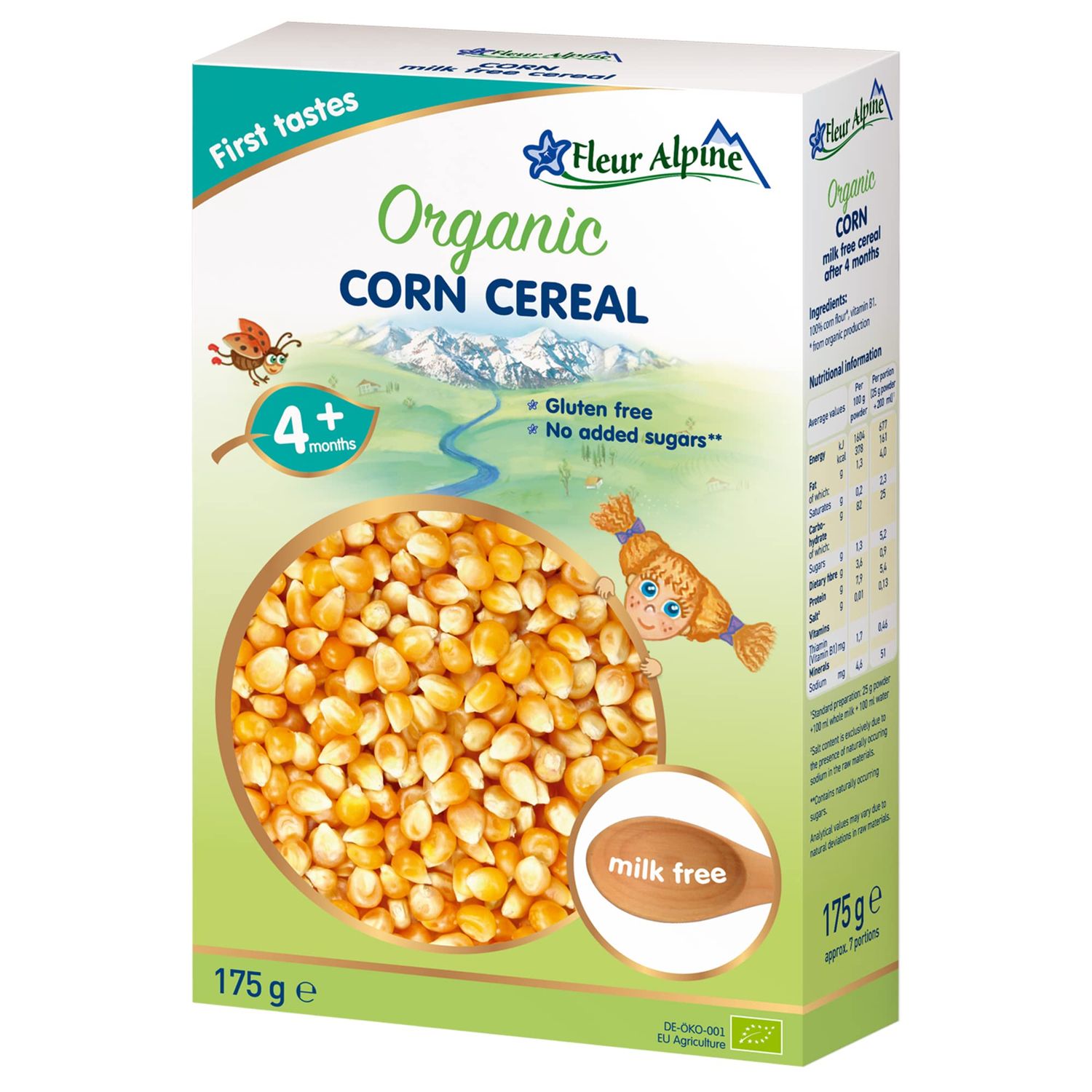 FLEUR ALPINE Organic Corn Baby Cereal - Yummy Baby Porridge for Deliciously Smooth Breakfast Meals Nutritious and Easy To Make Gluten Free Cereal 4 Months with No Added Sugars 7 Servings
