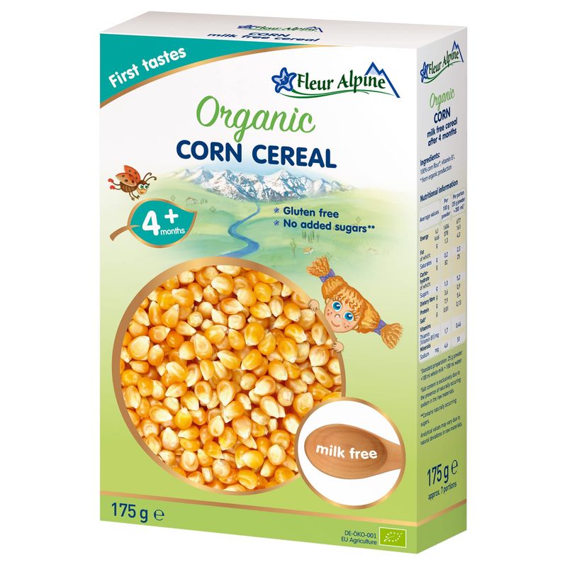 FLEUR ALPINE Organic Corn Baby Cereal - Yummy Baby Porridge for Deliciously Smooth Breakfast Meals Nutritious and Easy To Make Gluten Free Cereal 4 Months with No Added Sugars 7 Servings