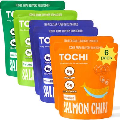 Tochi Norwegian Salmon Skin Chips - Healthy, Premium, Low Carb, Diabetic Friendly, Gluten free, High Protein, Omega-3 s Collagen - better than pork rinds, chicken skin chips - Variety 0.9 oz, 6 pack