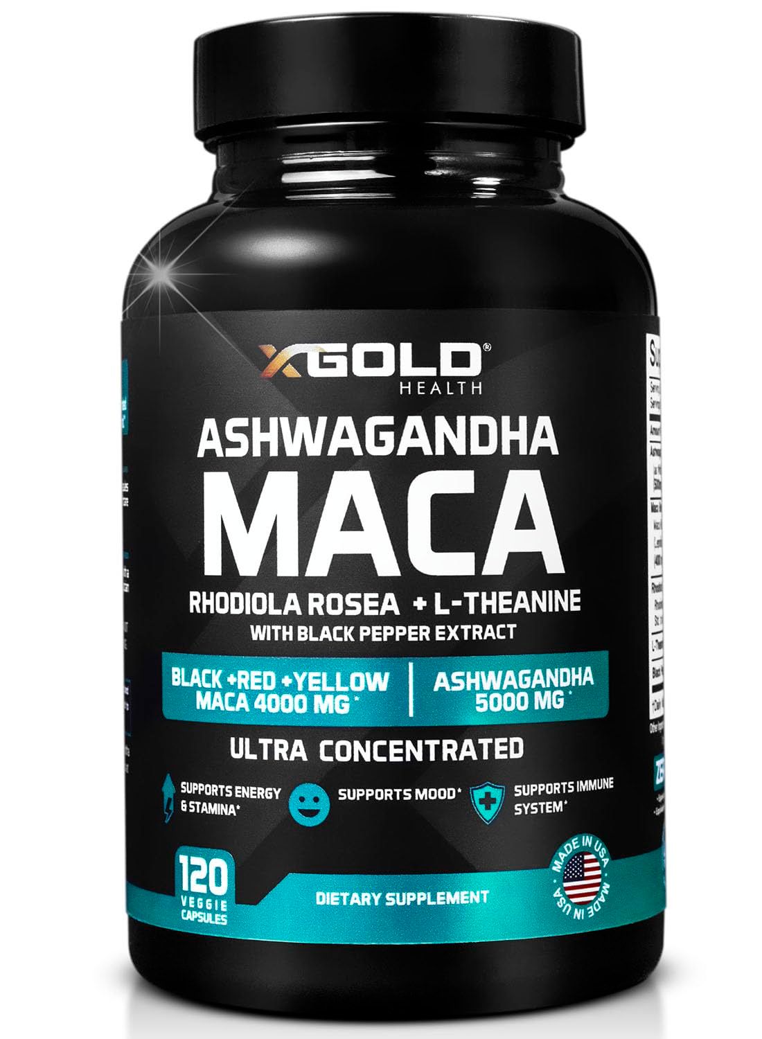 Ashwagandha 5,000mg Maca Root Black, Red, Yellow 4,000mg, Rhodiola L-Theanine: 30:1 Extract Ashwagandha Capsules, 20:1 Extract Maca Root Capsules - Supplement for Men and Women