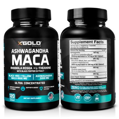 Ashwagandha 5,000mg Maca Root Black, Red, Yellow 4,000mg, Rhodiola L-Theanine: 30:1 Extract Ashwagandha Capsules, 20:1 Extract Maca Root Capsules - Supplement for Men and Women