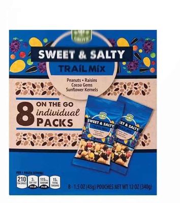 Sweet Salty Trail Mix: Peanuts, Raisins, Sunflower Kernels, Chocolate Candies, 8 On the Go Individual Mixed Nut Packs,1.5oz Snack Pouches, Southern Grove 12oz Box