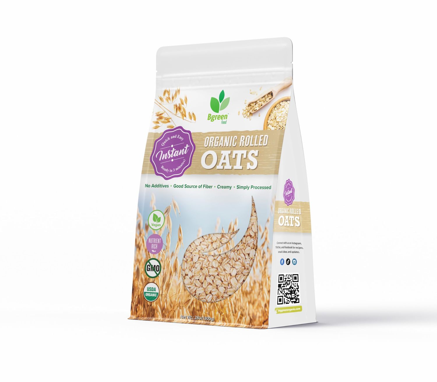 Big Green Organic Food - Organic Rolled Oat, Qucik Oat, Creamy, No Additives, Good Source of Fiber, Vegan, 28oz (1 Pack)