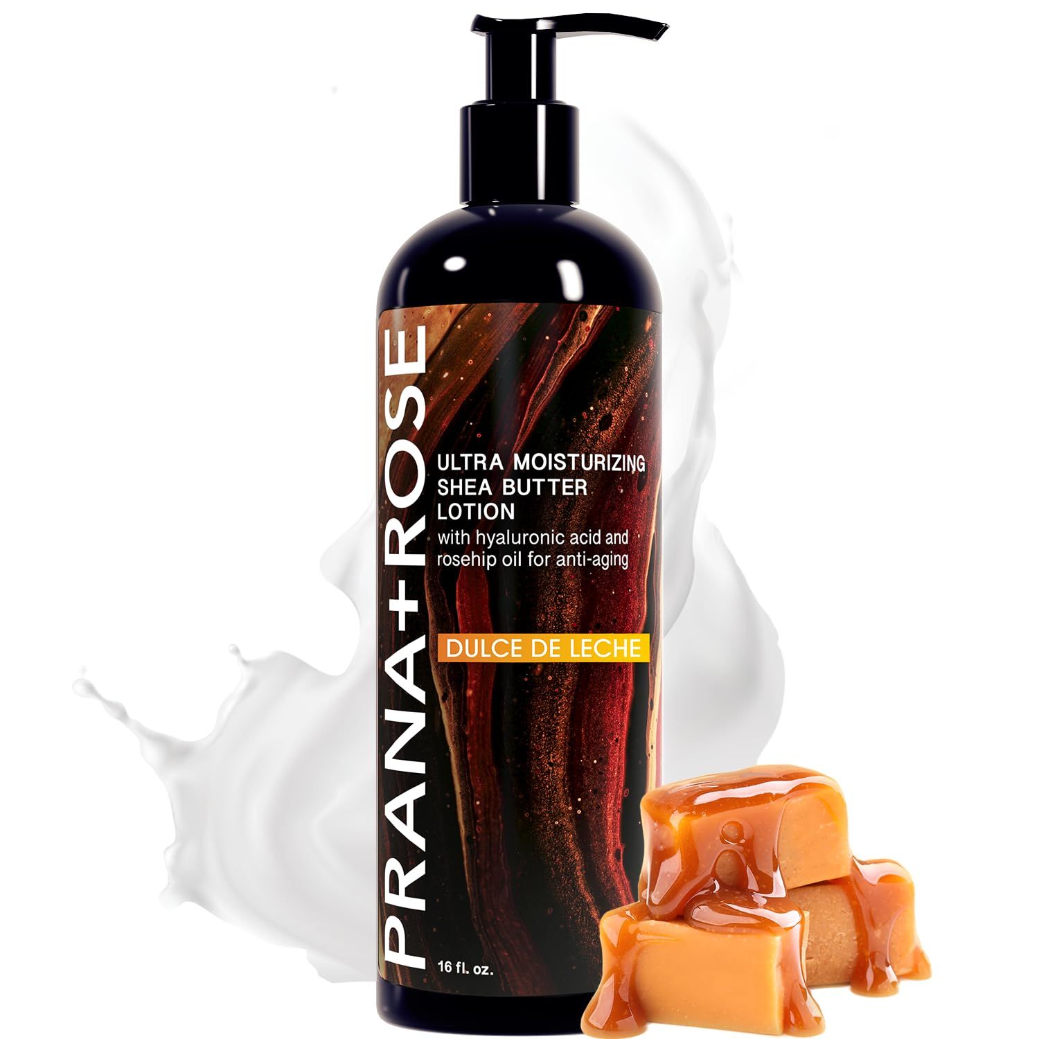 PRANAROSE MADE IN THE USA Ultra Moisturizing Shea Butter Lotion with Hyaluronic Acid and Rosehip Oil for anti-aging ORGANIC VEGAN body and hand lotion 16oz (Dulce De Leche)