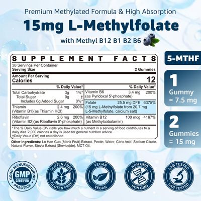 L-MethylFolate 15mg Methyl B12 Gummies, Methylated B1, B2, B6 Multivitamins - Active 5-MTHF High Absorption - Supports MTHFR Gene, Cognition, Homocysteine Levels, Folate Metabolism, Vegan, 120 Cts