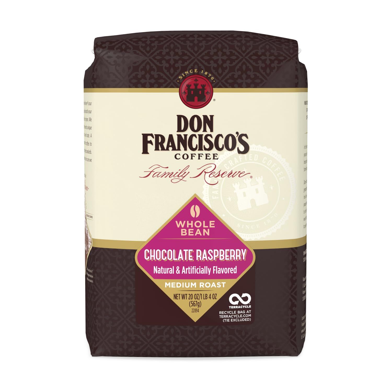 Don Francisco&#39;s Premium Chocolate Raspberry Medium Whole Bean Coffee - 100 Arabica Beans, Perfect for Drip, Pour Over, and French Press - Carefully Sourced, Family-Crafted Since 1870 (20 oz Bag)