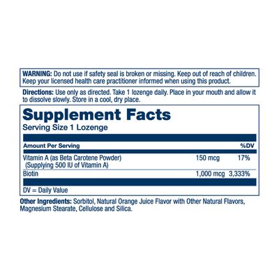 SOLARAY High Potency Biotin 1000 mcg Natural Orange Juice Flavor Healthy Hair, Skin Nails Support 100 Lozenges