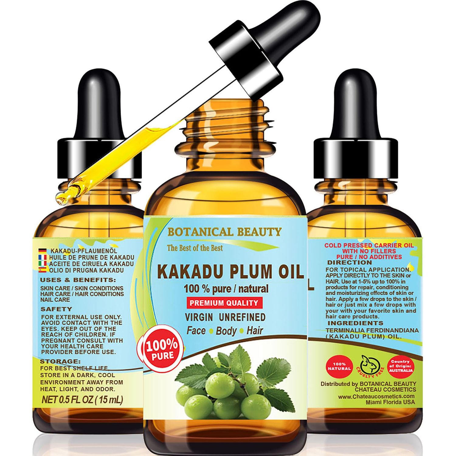 Botanical Beauty Australian KAKADU PLUM OIL 100 Pure Natural Virgin Unrefined Cold-pressed carrier oil 0.5 Fl oz 15 ml For Face, Skin, Body, Hair, Lip, Nails