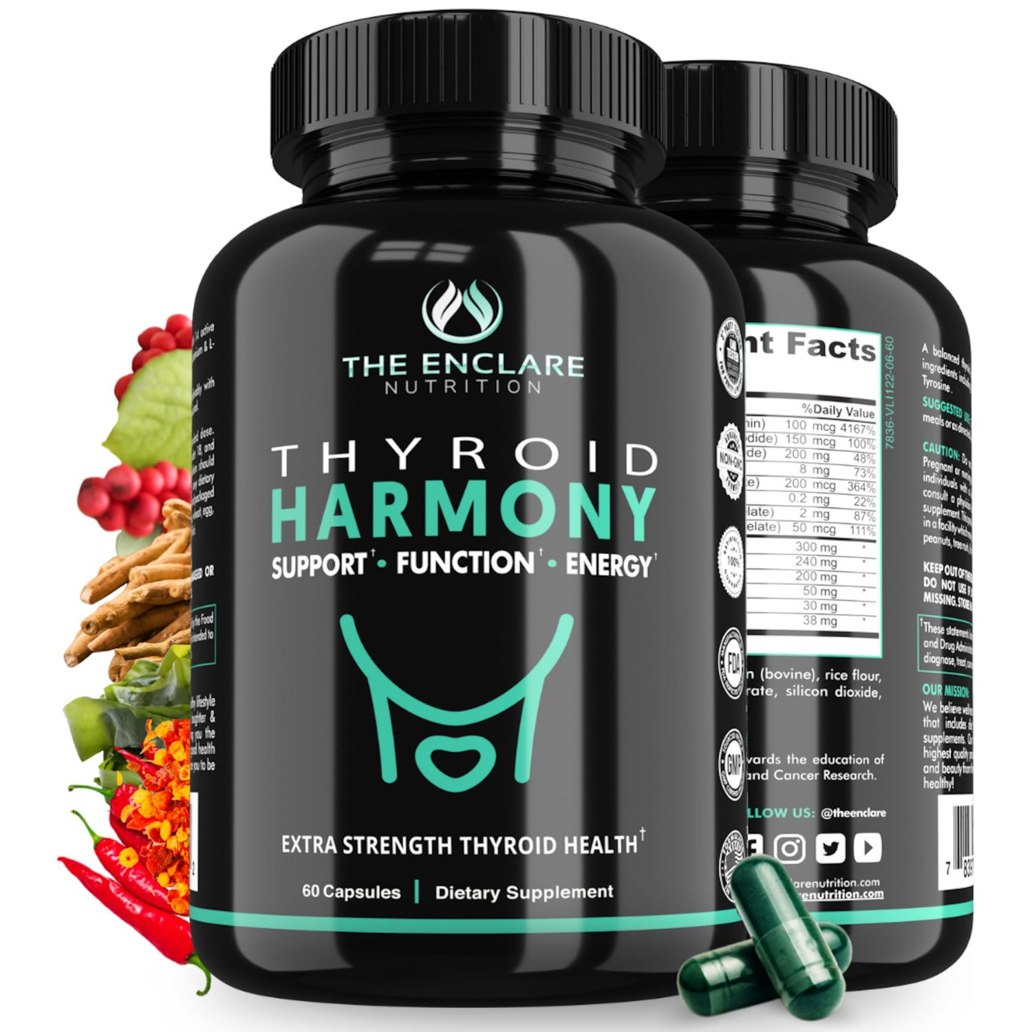 THE ENCLARE NUTRITION Thyroid Support Supplement with Iodine - Balance Hormones for Energy, Metabolism, Focus, Stress, Mood. Ashwagandha, Zinc, Selenium, Vitamin B12, Kelp, Magnesium, L Tyrosine (1)