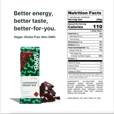 Verb Energy - Caffeinated Energy Bars Chocolate Sea Salt 90-Calorie Energy Snack Bar - Nutrition Bars - Vegan Snacks - Gluten Free Breakfast Bars with Organic Green Tea, 26g (Pack of 16)
