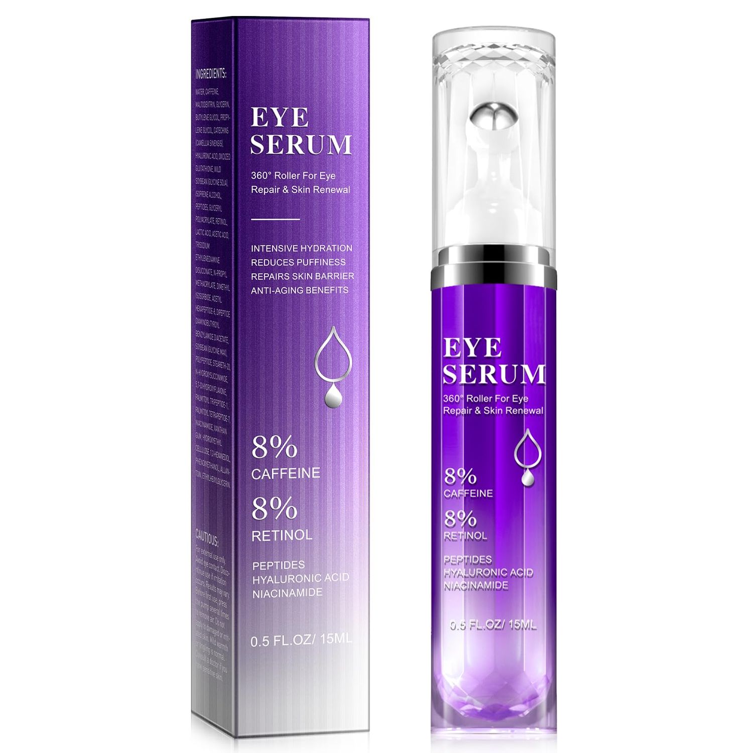 Under Eye Roller Serum5 Caffeine 5 Retinol Eye Cream for Dark Circles, Puffiness and Bags, Puffy Bags Fine Lines Wrinkles, 360 Massage Ball Cream, 8 Hyaluronic Acid Serum