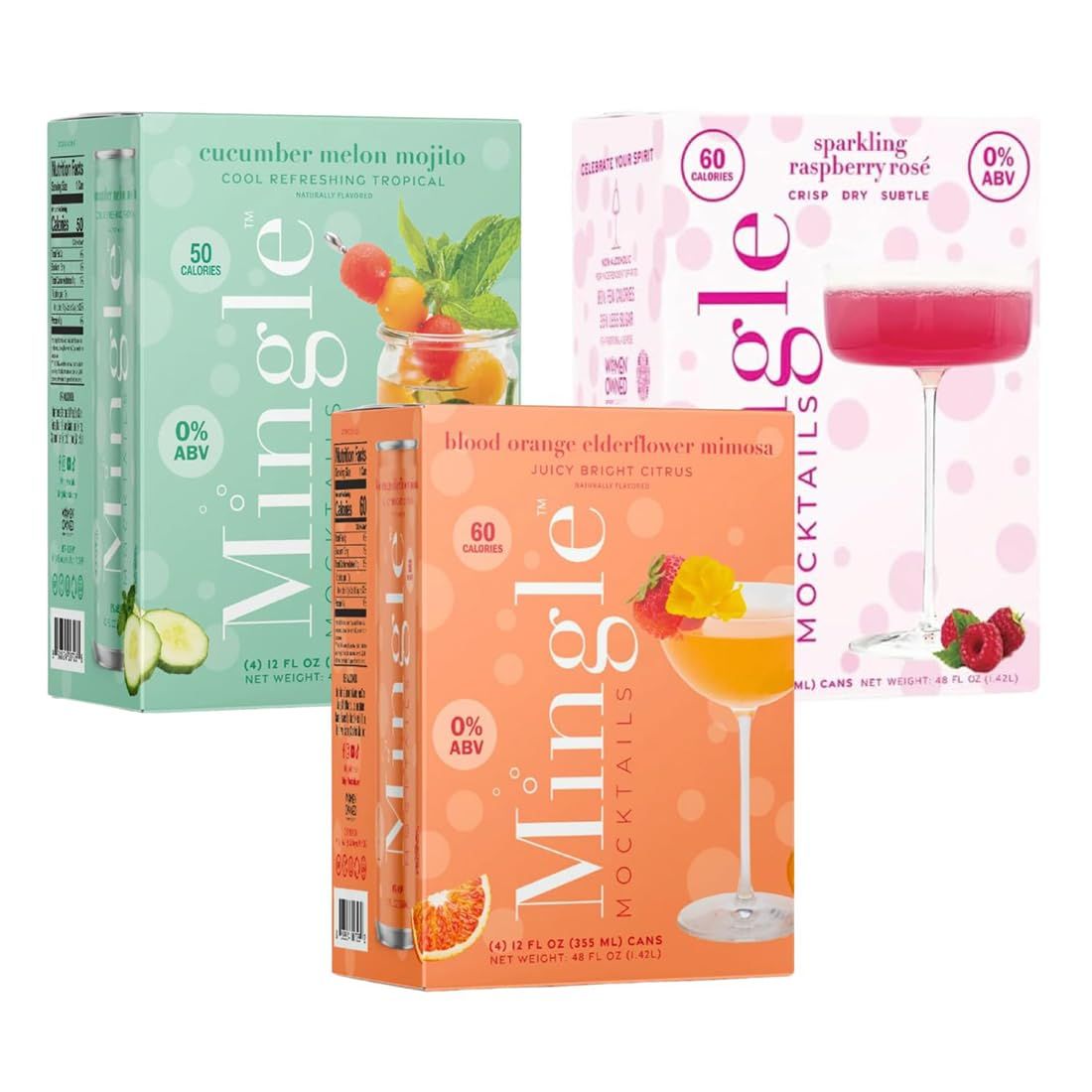 Mingle Mocktails Variety Pack, Premium Non-Alcoholic Drinks, Cucumber Melon Mojito, Blood Orange Mimosa, Raspberry Rose, Zesty Pre-Mixed Drinks, Canned Mocktails, 12 fl. oz. Cans, Pack of 12