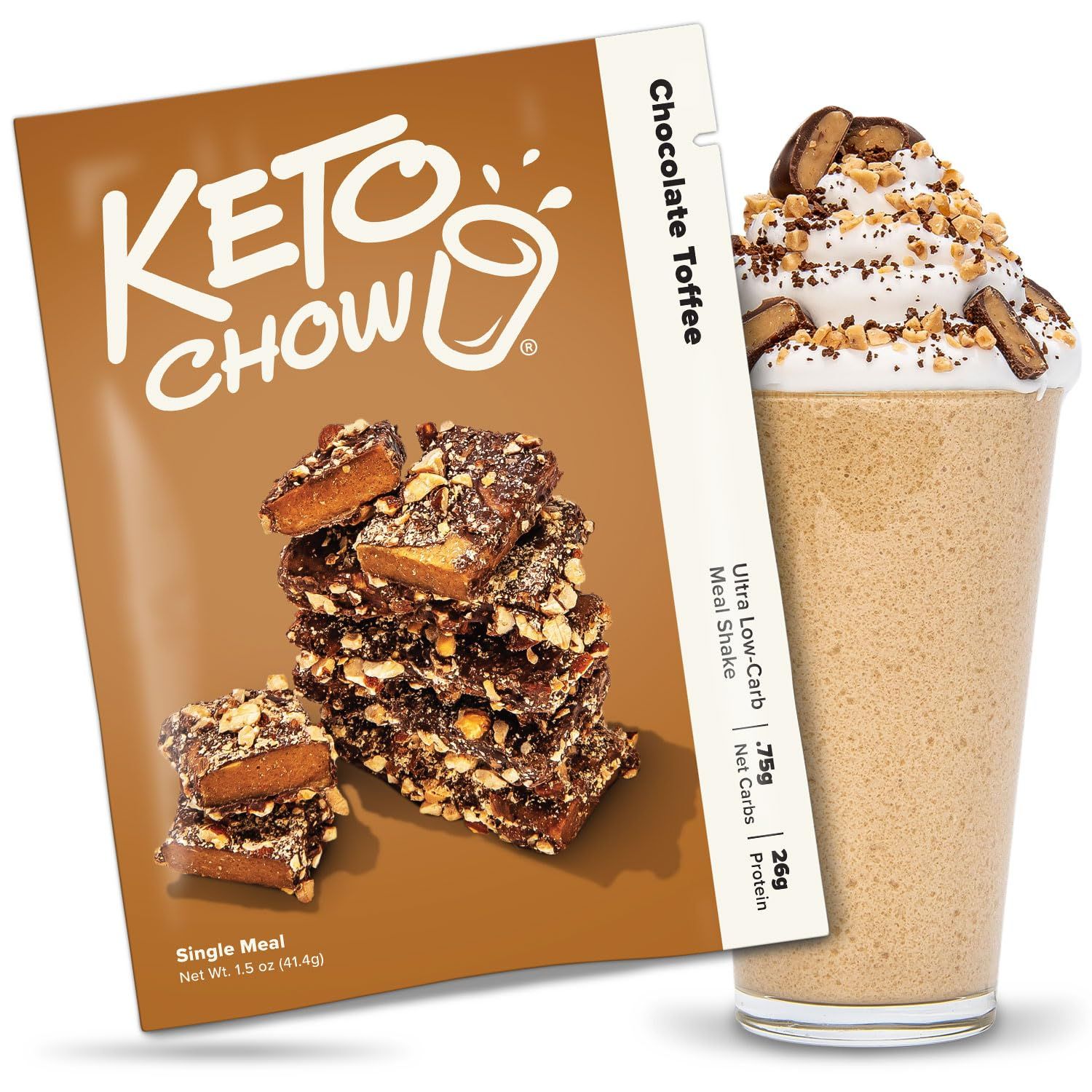 Keto Chow Chocolate Toffee - Keto Meal Replacement Shake Powder - Nutritionally Complete - Low Carb - Delicious Easy Meal Substitute - Protein Rich You Choose The Fat - Single Meal Sample