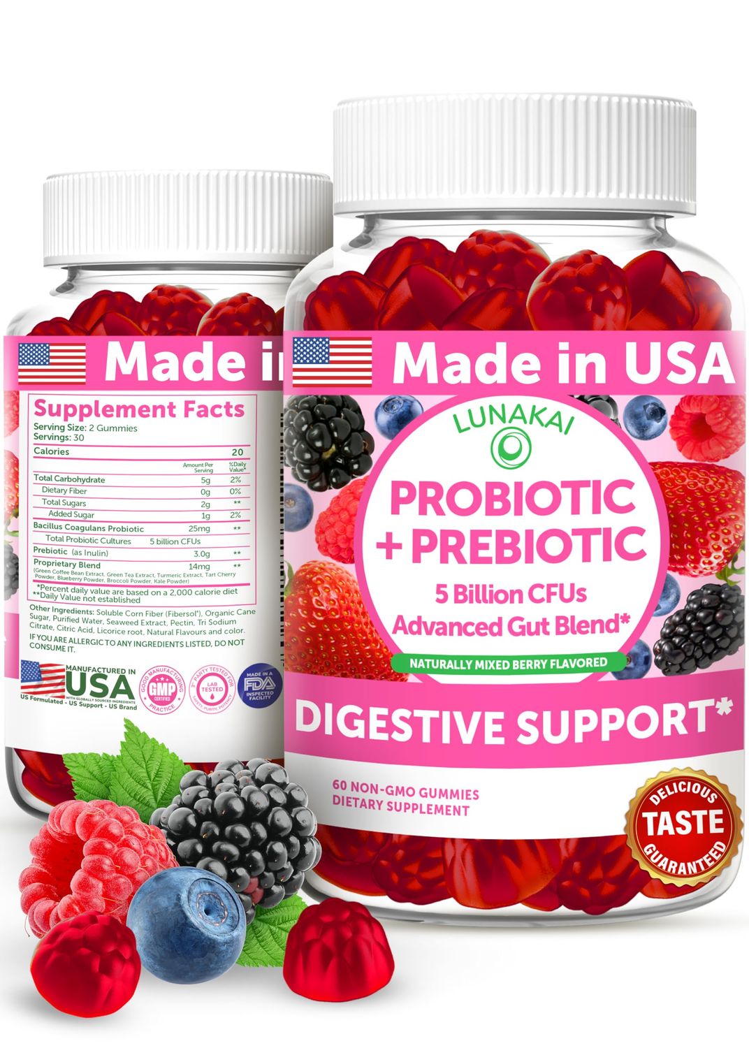Lunakai USA Made Prebiotic Probiotic Gummies for Women and Men - High Potency 5 Billion CFUs with Fibers - Non-GMO Gut Health Support 60ct