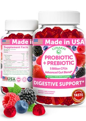 Lunakai USA Made Prebiotic Probiotic Gummies for Women and Men - High Potency 5 Billion CFUs with Fibers - Non-GMO Gut Health Support 60ct