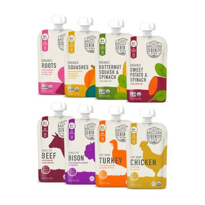 Serenity Kids 6 Months Baby Food Pouches Puree Made with Ethically Sourced Meats Organic Veggies - No Sugary Fruits or Added Sugar - 3.5 Oz BPA Allergen Free Pouch- Baby Puree Variety Pack