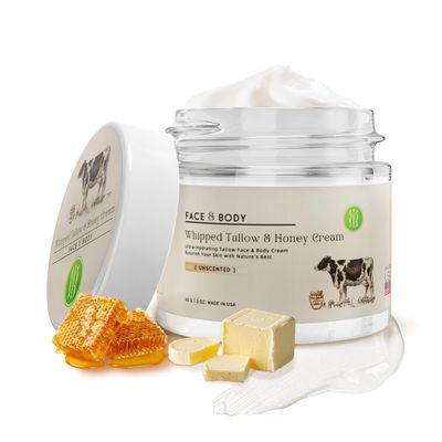 Beef Tallow for Skin 2 oz Beef Tallow and Honey Balm - Moisturizer Made in USA is Used to Deeply Moisturize the Face and Body, Unscented Butter Cream Also Contains Jojoba Seed Oil