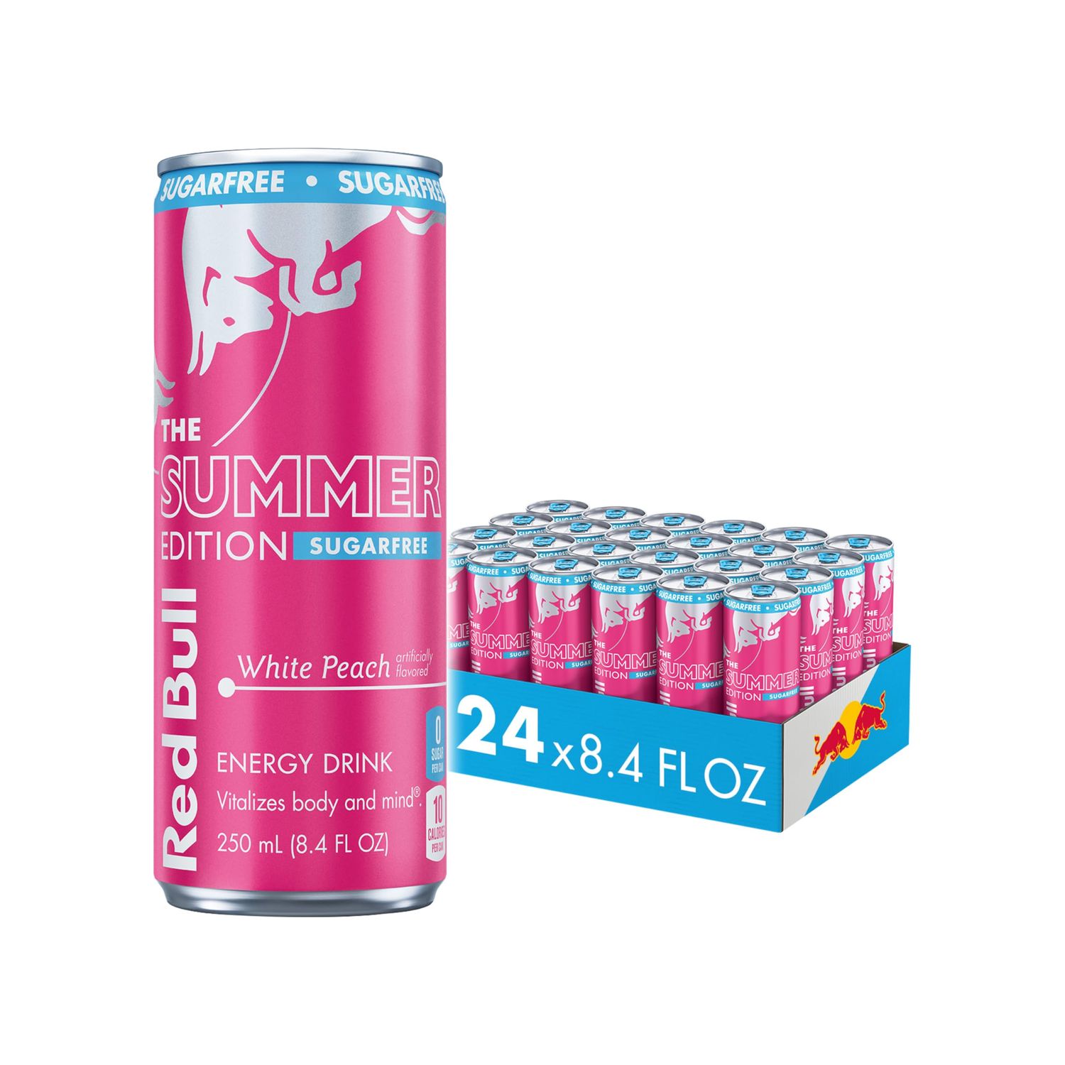 Red Bull Summer Edition Sugarfree Energy Drink, White Peach, 8.4 fl. oz., Case of 24 cans, with 80mg Caffeine, Taurine B Vitamins