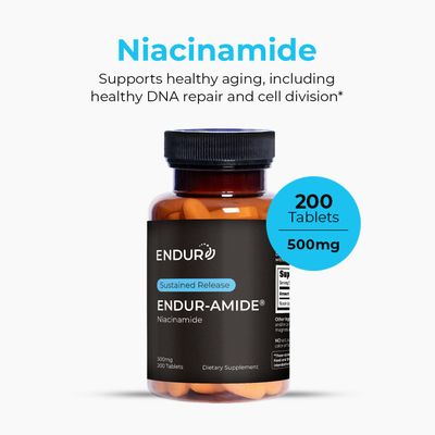 Endur-Amide NAD Niacinamide Vitamin B3, Flush-Free for Optimal Absorption, Energy Supplements for Men and Women, Vitamin B3 Niacinamide 500mg, 200 Tablets