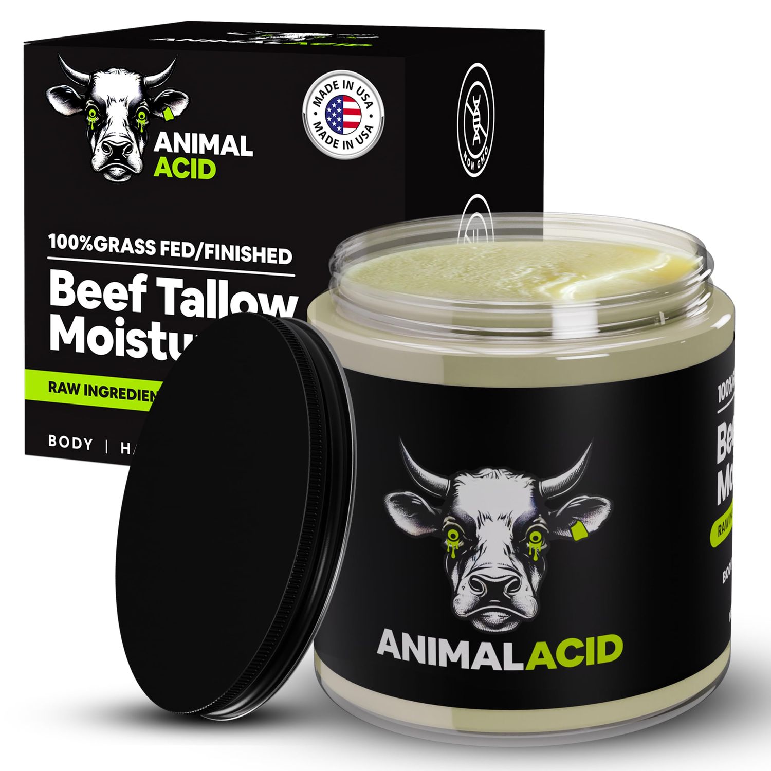 ANIMAL ACID - 100 Grass Fed Beef Tallow for Skin, Face Body - Handmade Tallow Face Moisturizer with Organic Jojoba Oil Honey - Pure Beef Whipped Tallow Cream - 4 FL. oz. Unscented