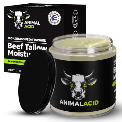 ANIMAL ACID - 100 Grass Fed Beef Tallow for Skin, Face Body - Handmade Tallow Face Moisturizer with Organic Jojoba Oil Honey - Pure Beef Whipped Tallow Cream - 4 FL. oz. Unscented