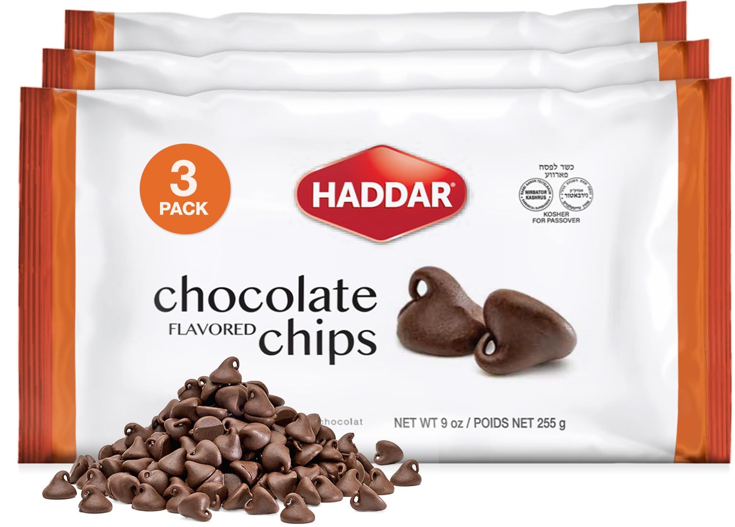 Haddar Chocolate Flavored Chips, 9 oz (3 Pack) Vegan Semi Sweet Dark Chocolate Chips, Dairy Free, Nut Free, Lactose Free, Soy Free, Kosher (including Passover), Great for Baking