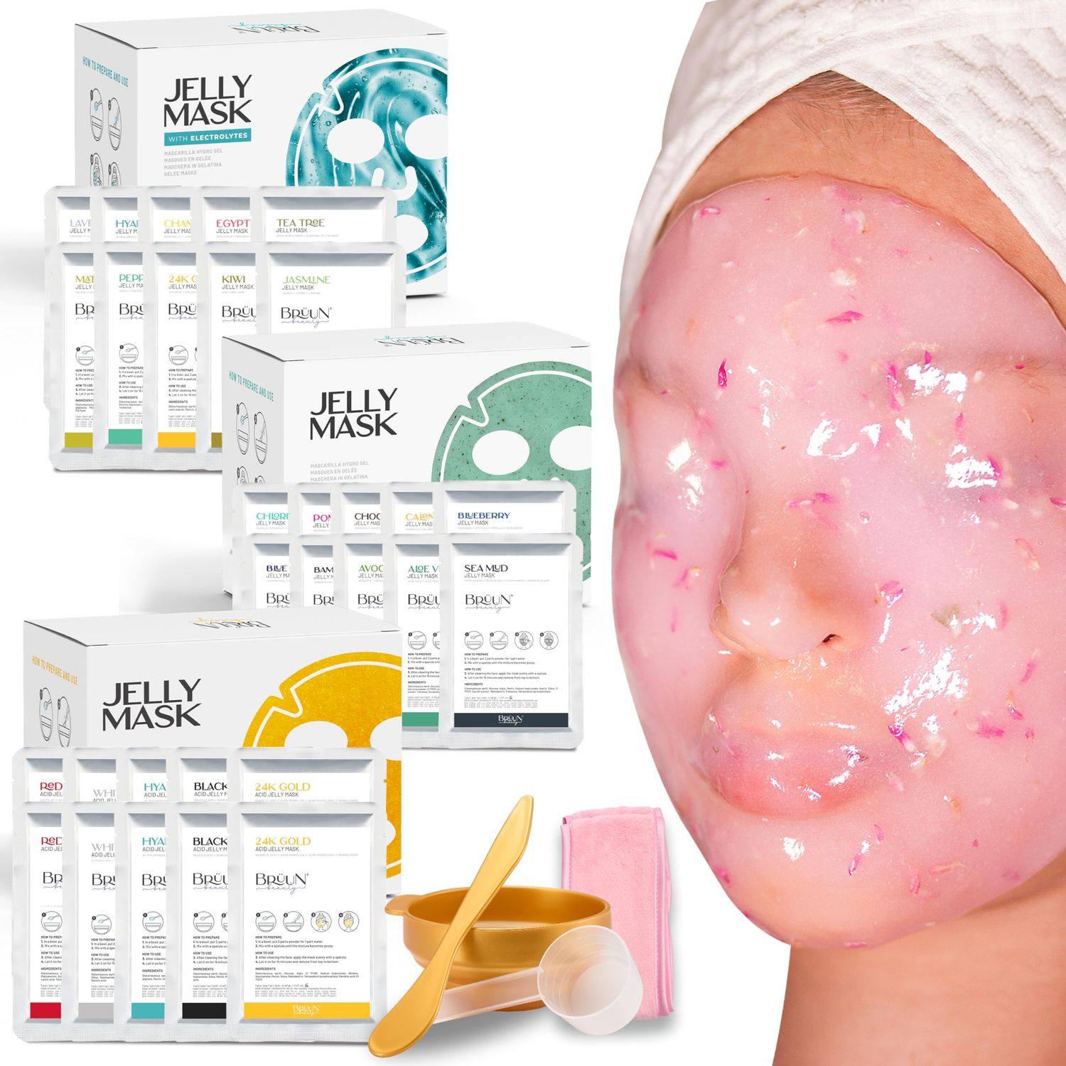 BR UN Jelly Mask Bundle of 24 Different Treatment Flavors - Spa Set of Rubber Peel off 30 Masks for Teenagers, Men and Women