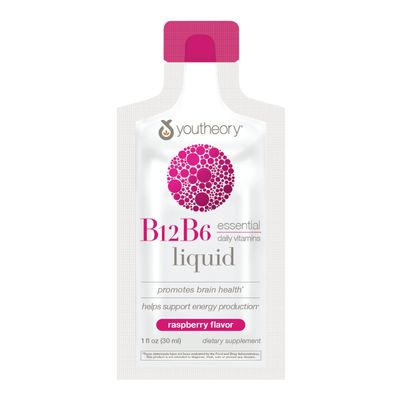 Youtheory Vitamin B12 B6, Daily Energy and Brain Support Supplement, Liquid Raspberry Flavor, 12 - 1oz Single Serving Packets