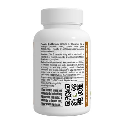 BIOptimizers Probiotic Breakthrough, Proteolytic Prebiotics Probiotics Supplement - Lactobacillus Plantarum OM for Immune, Bloating Gut Relief Support, 120 Vegan Capsules