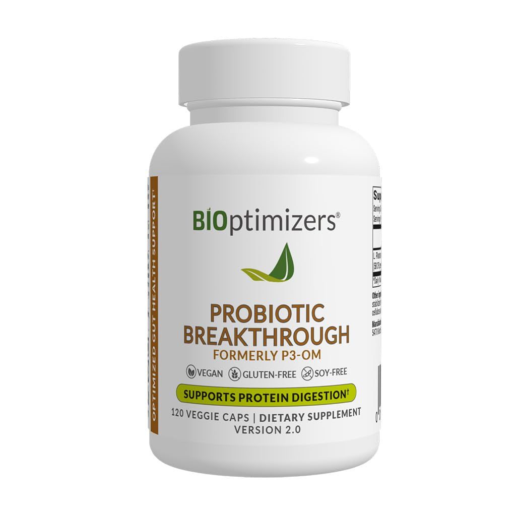 BIOptimizers Probiotic Breakthrough, Proteolytic Prebiotics Probiotics Supplement - Lactobacillus Plantarum OM for Immune, Bloating Gut Relief Support, 120 Vegan Capsules