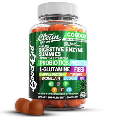 Clean Nutraceuticals Digestive Enzymes with Probiotics Prebiotics for Digestive Health Gummies L-Glutamine for Gut Health Bromelain Apple Pectin Inulin FOS Plant Based Vegan Gummy Vitamins