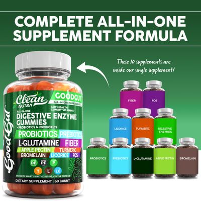Clean Nutraceuticals Digestive Enzymes with Probiotics Prebiotics for Digestive Health Gummies L-Glutamine for Gut Health Bromelain Apple Pectin Inulin FOS Plant Based Vegan Gummy Vitamins
