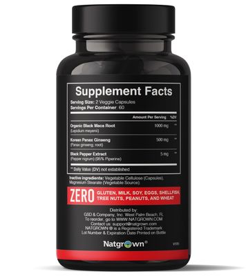 Natgrown Black Maca Root Panax Ginseng Powder Capsules 1500 mg with Black Peruvian Maca Root Korean Panax Ginseng Supplement for Men and Women - Vegan Pills (120 Count)