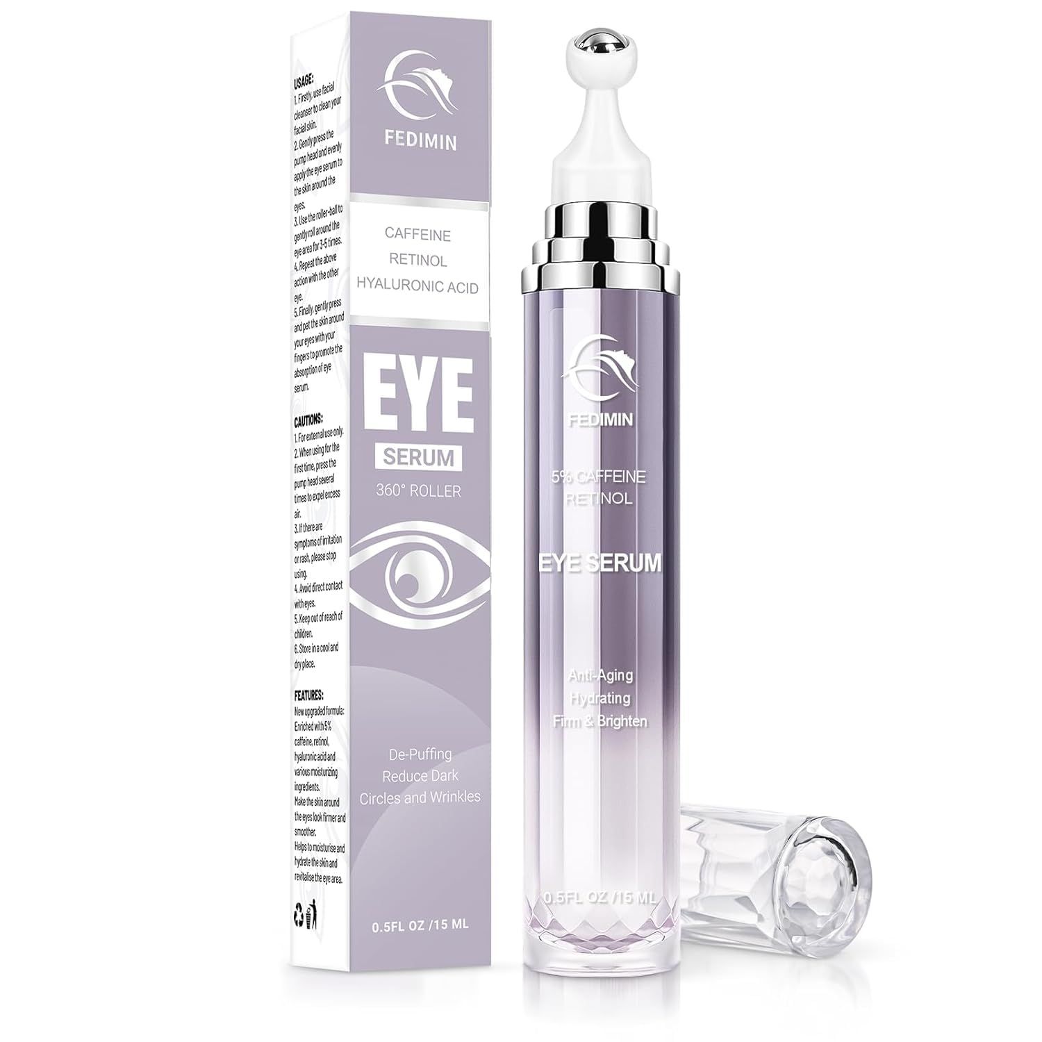 5 Caffeine Eye Cream for Dark Circles Under Eye Treatment Eye Serum for Wrinkles Fine Lines, Retinol Eye Care Eye Cream for Puffiness and Bags Eye Serum with 360 Massage Roller-Ball (Light Purple)