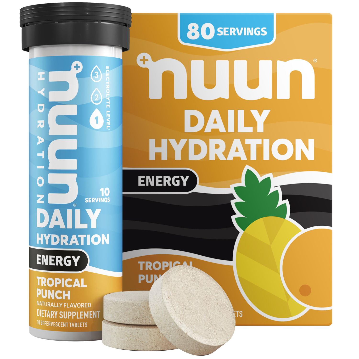 Nuun Energy Electrolyte Tablets with Ginseng, Caffeine from Green Tea Extract, Vitamin B12, B6, B5, Magnesium 4 Other Electrolytes, Gluten Free Vegan, Tropical Punch, 8 Pack (80 Servings Total)
