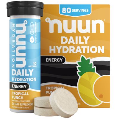 Nuun Energy Electrolyte Tablets with Ginseng, Caffeine from Green Tea Extract, Vitamin B12, B6, B5, Magnesium 4 Other Electrolytes, Gluten Free Vegan, Tropical Punch, 8 Pack (80 Servings Total)