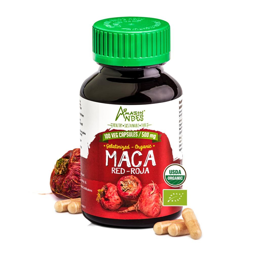 Amazon Andes Red maca Root Capsules - Female Health Supplement - Natural Energizer - USDA NOP Certified - Genitalized, Non GMO Gluten Free - 100 Vegan Pills (1500mg per Serving) - Made in Peru