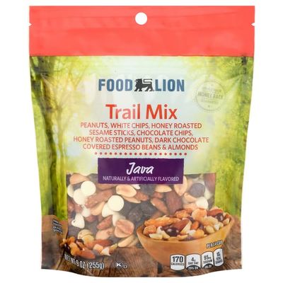 Food Lion Java Trail Mix: Peanuts White Milk Chocolate Chips, Honey Roasted Sesame Sticks Peanuts, Dark Covered Espresso Beans Almonds - 9oz Snack Snacking Dessert Sweet Food Treat