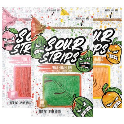 Sour Strips Flavored Sour Candy Strips, Deliciously Sour Chewy Candy Belts, Vegetarian Candies, 3 Pack (Tropical Sampler (3-Pack))