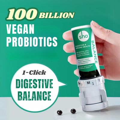 SHO Balance 100 Billion CFU Prebiotics Probiotics for Digestive Health, Gut Health Vegan Supplement for Women Men, Lactobacillus Casei, Shelf Stable 60 Softgels with Dispenser