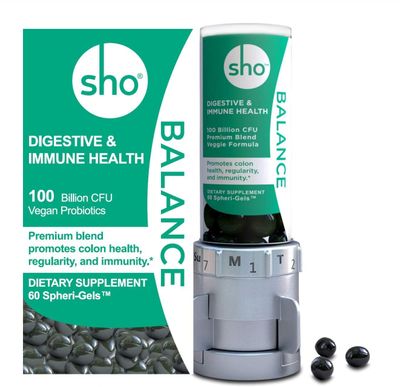 SHO Balance 100 Billion CFU Prebiotics Probiotics for Digestive Health, Gut Health Vegan Supplement for Women Men, Lactobacillus Casei, Shelf Stable 60 Softgels with Dispenser