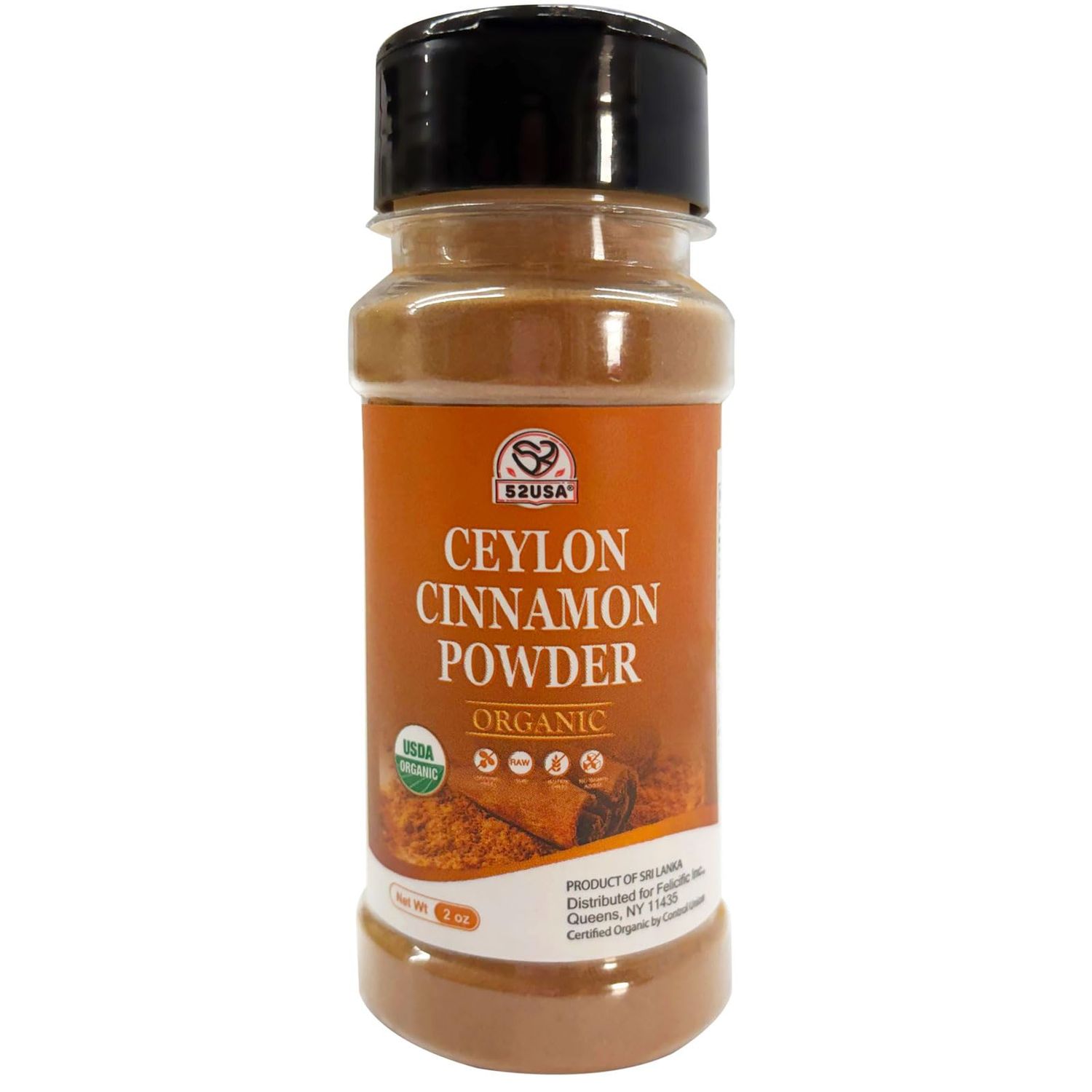 52USA Organic Ceylon Cinnamon Powder, 2 Ounce, True Cinnamon Farmed in Sri Lanka, Non-GMO, Gluten-Free, Perfect for Baking, Cooking and Beverages