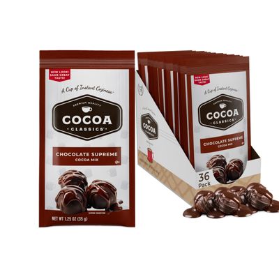 Cocoa Classics Chocolate Supreme Cocoa Mix Just Add Hot Water Make Hot or Iced Cocoa Gluten Free Kosher Dairy Friendly 1.25oz Packets (Pack of 36)
