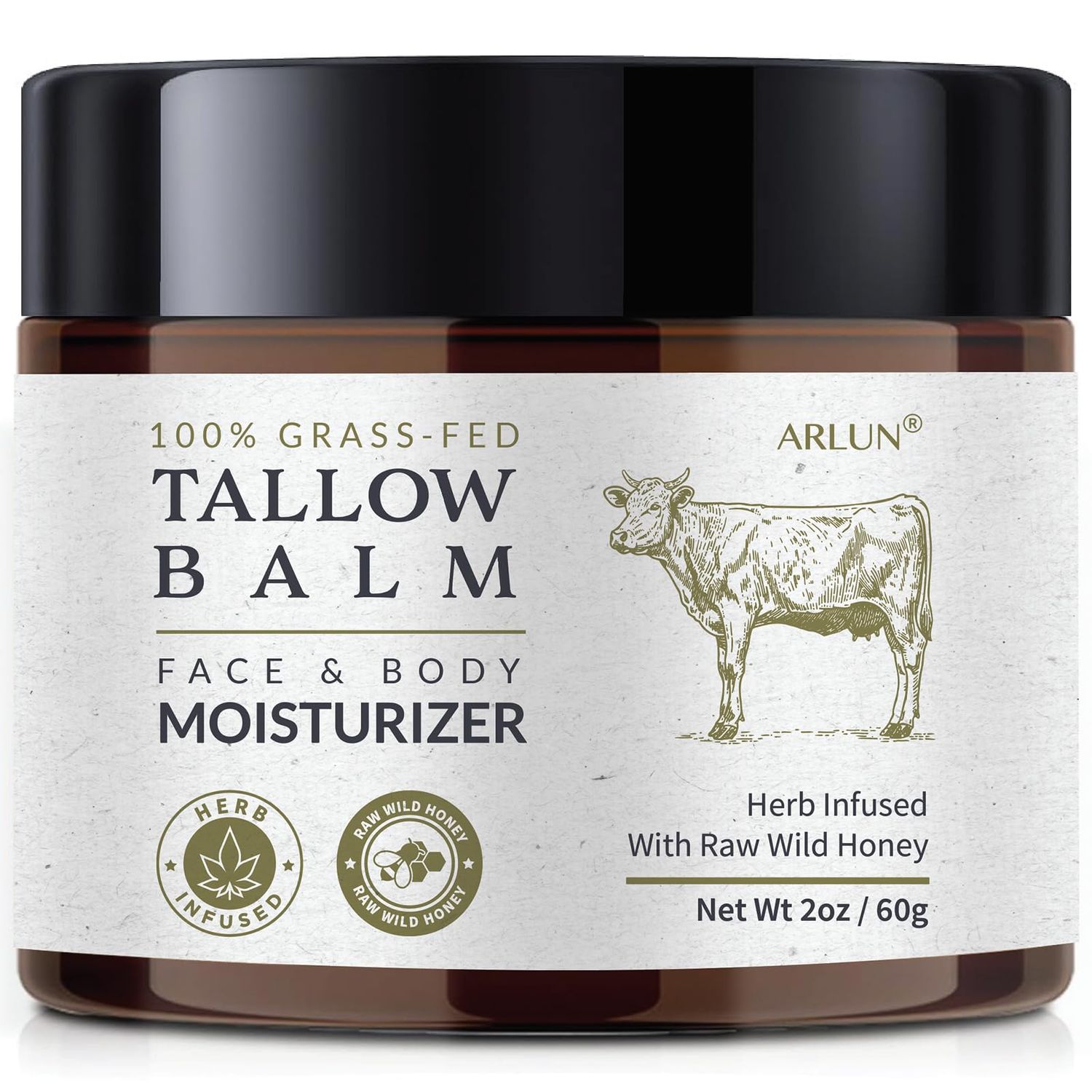 Arlun Beef Tallow for Skin, Beef Tallow and Honey Balm, Tallow Face Moisturizer Nourishes and Hydrates the Skin, Grass Fed Whipped Tallow Honey Balm Enriched with Raw Wild Honey 60g