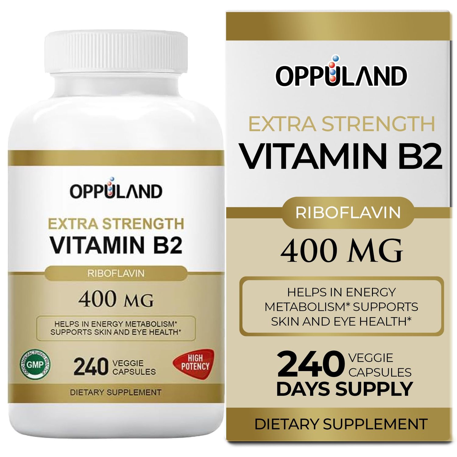 oppuland Vitamin B2 Riboflavin 400mg,Helps in Energy Metabolism,240 Veggie Capsules Riboflavin Vitamin B2 Supplement - B-2 Vitamin - Boosts Energy Metabolism Cellular Function