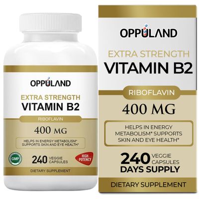 oppuland Vitamin B2 Riboflavin 400mg,Helps in Energy Metabolism,240 Veggie Capsules Riboflavin Vitamin B2 Supplement - B-2 Vitamin - Boosts Energy Metabolism Cellular Function
